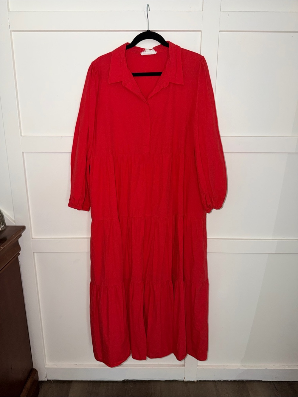Pomander Place Red Tiered Maxi Shirt Dress